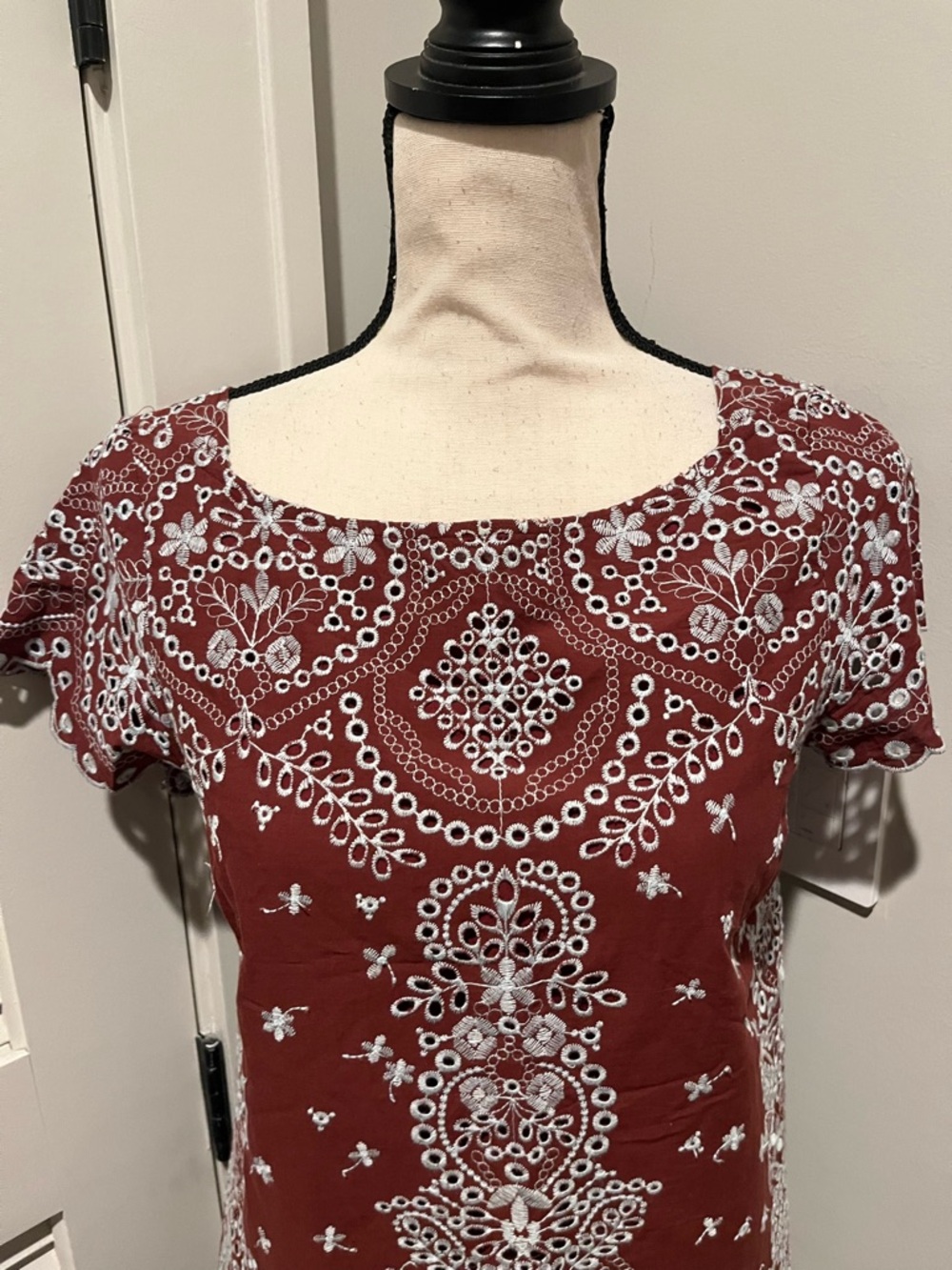Anthropologie Burgundy Mini Dress with White Embroidery